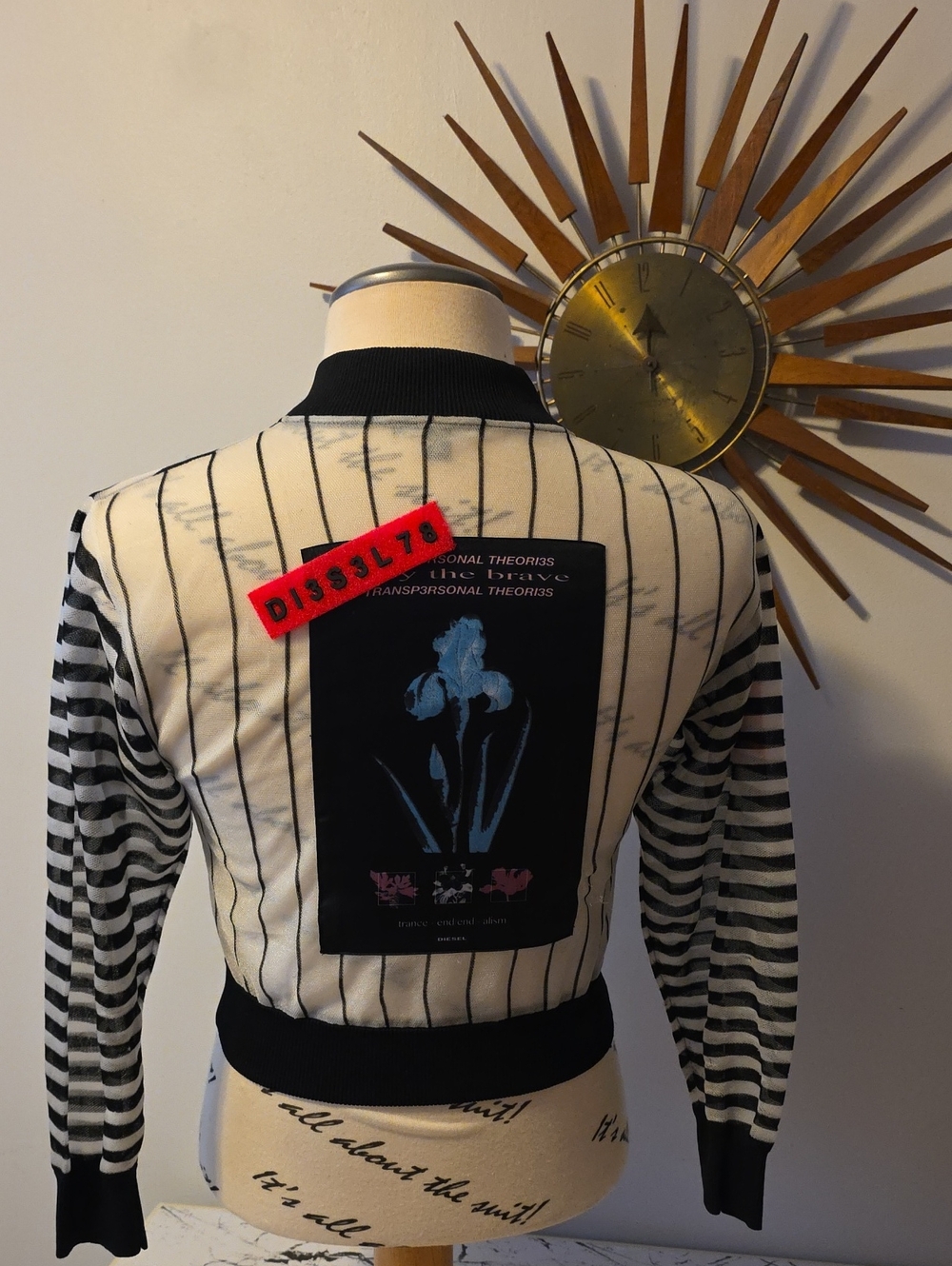 Diesel Black & White Striped Varsity Jacket with Floral Back Patch